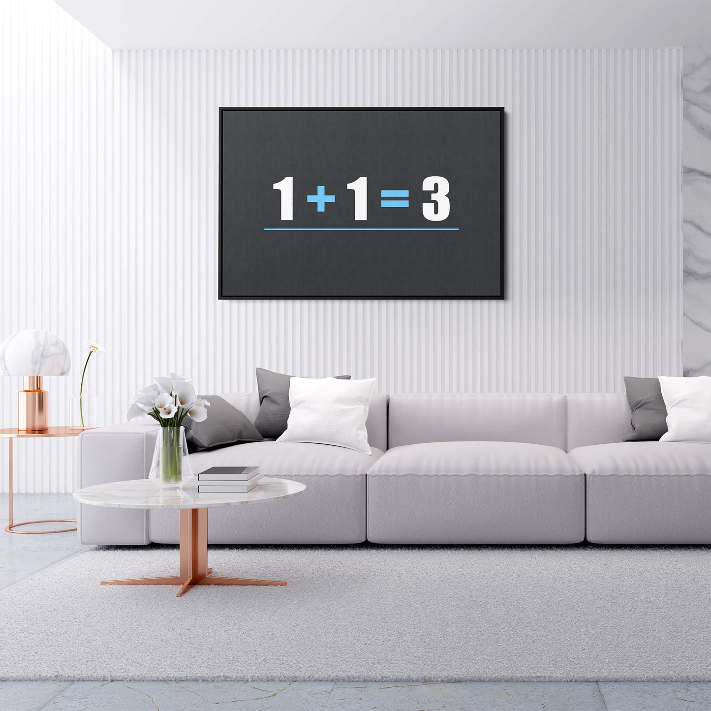 1 + 1 = 3 living room canvas wall art mockup