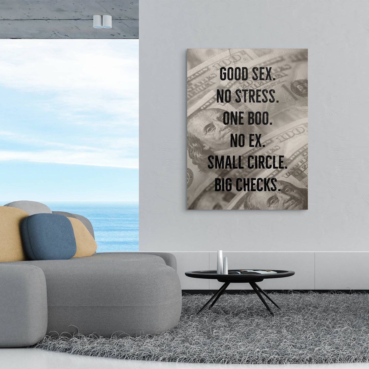 Good Sex, Big Checks living room demo